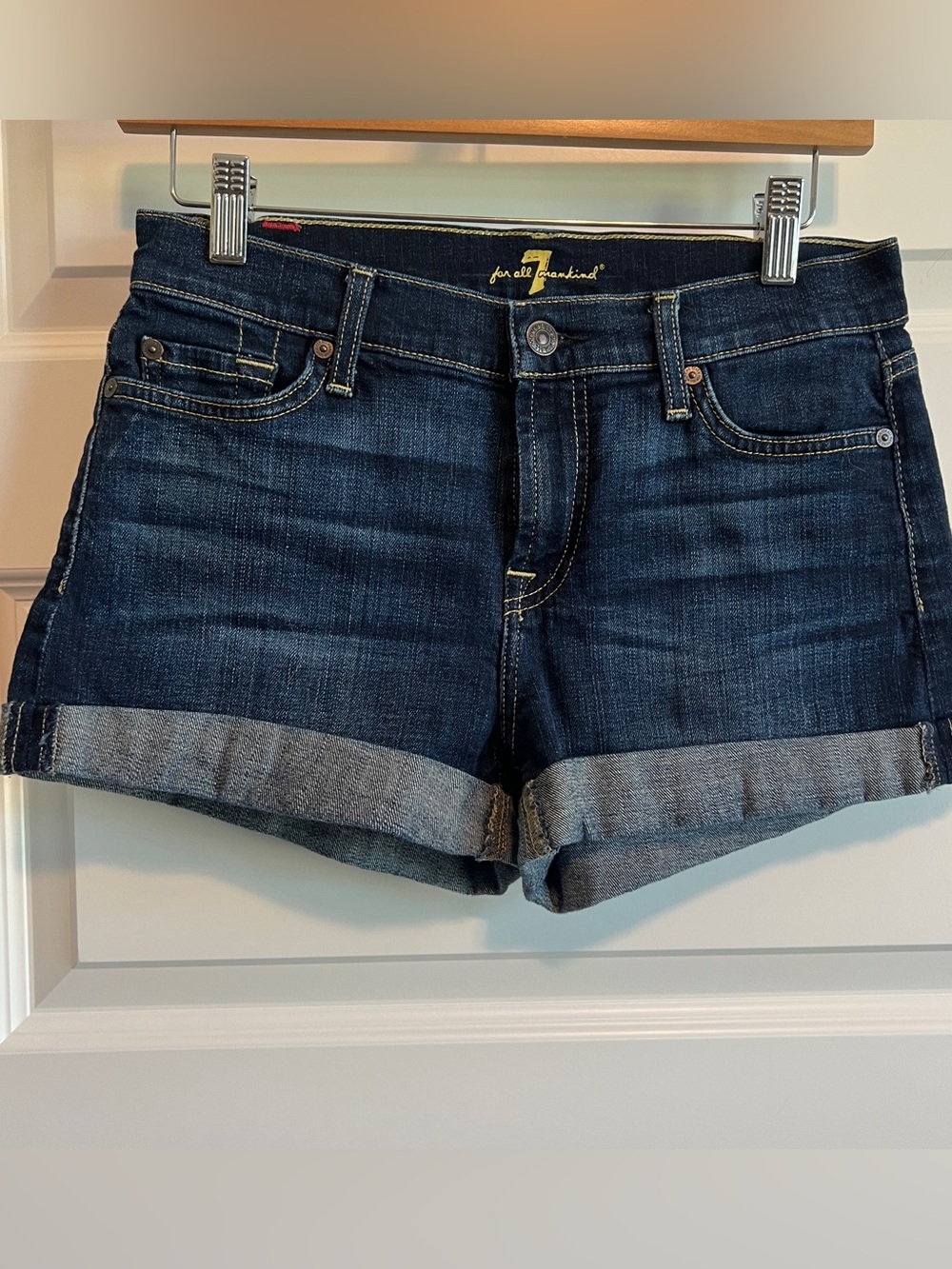 7 FOR ALL MANKIND Denim Rolled Cuff Shorts Stretch Size 26 - Picture 2 of 6